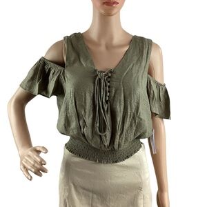 Guess Eloise Cold-Shoulder Lace-Up Top Warm Desert Smocked Hem M